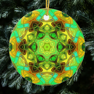 Décoration En Céramique Mosaic Mandala Flower vert bleu et jaune