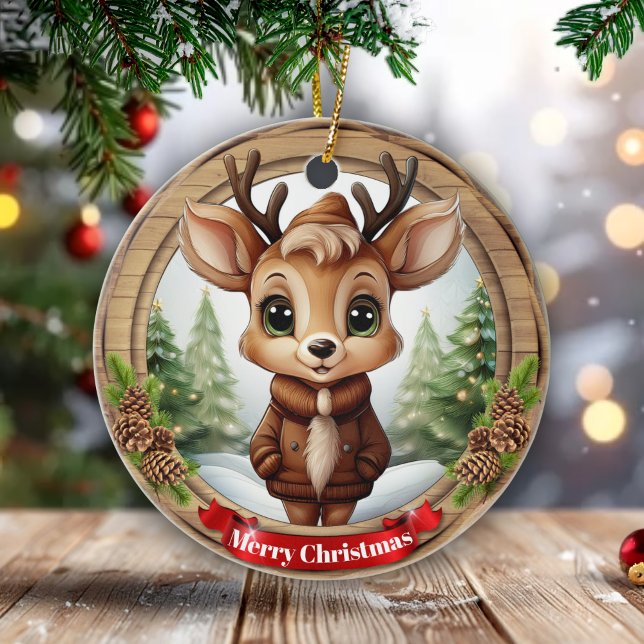 Décoration En Céramique Name Whimsical Reindeer Rustic Holiday Tree 🦌🎄 (Custom Name Whimsical Reindeer Rustic Xmas Deer with Antler Animal Holiday Tree ceramic ornament🦌🎄)