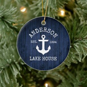 Décoration En Céramique Nautical Lake House Ancre Blue Wood Nom de famille