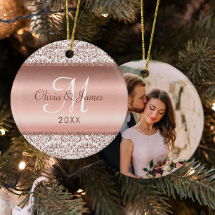 Décoration En Céramique Newlywed Monogram Photo Elegant Rose Gold
