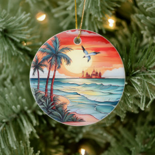 Décoration En Céramique Noël aquarelle la scène de plage ajouter un messag