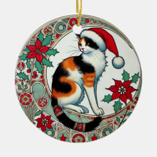 Décoration En Céramique Noël Calico Cat Père Noël