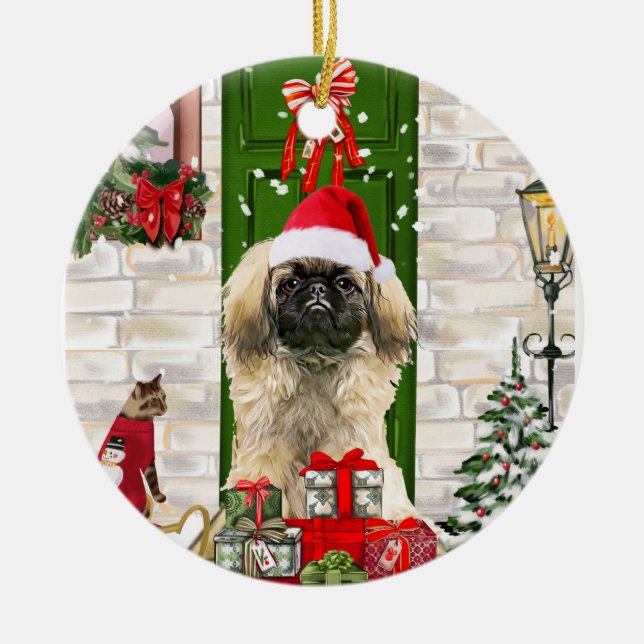 Décoration En Céramique Noël de chien de Pékin (Devant)