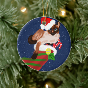 Décoration En Céramique Noël du chat siamois avec bas et chapeau de Père