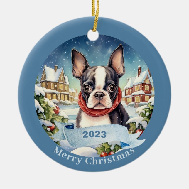 Décoration En Céramique Noël du chien d'aquarelle Boston Terrier (Devant)