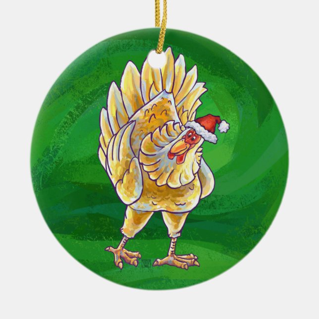 Décoration En Céramique Noël Du Poulet Sur Vert (Devant)