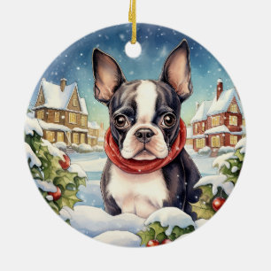 Décoration En Céramique Noël hivernal Boston Terrier