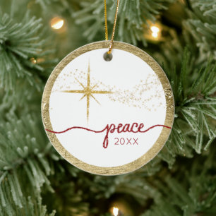 Décoration En Céramique Noël Script Peace Star Gold Red Parties scintillan