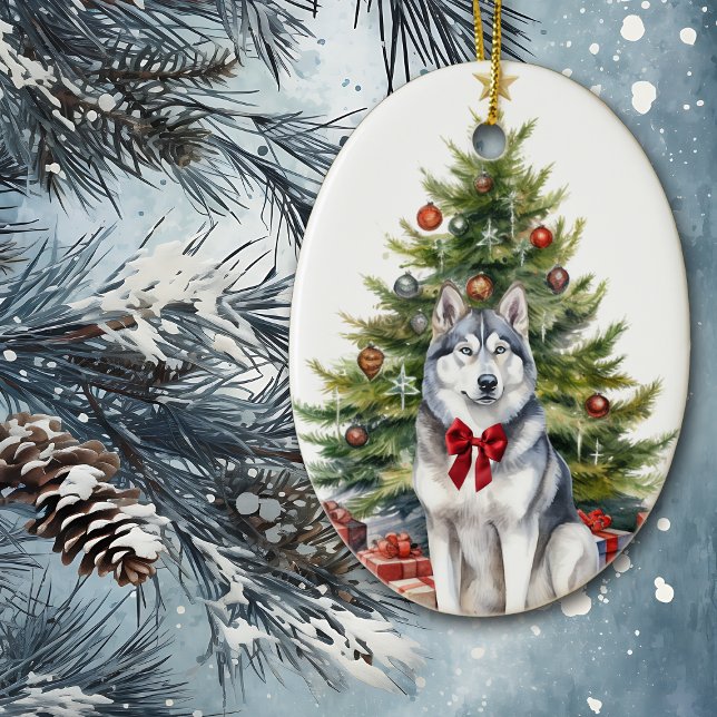 Décoration En Céramique Noël Sibérien Husky Bow Rouge (Créateur téléchargé)