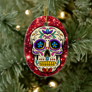 Décoration En Céramique Noël Sugar Skull Parties scintillant rouge