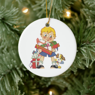 Décoration En Céramique Noël vintage, Garçon avec des présents et Chien de