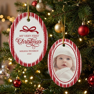 Décoration En Céramique Noeud Ruban Rouge Élégant Premier Noël de Bébé Nom
