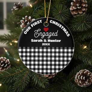 Décoration En Céramique Noir & Blanc Plaid Notre 1er Noël Engagé