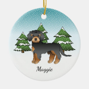 Décoration En Céramique Noir Et Tan Mini Goldendoodle - Forêt D'Hiver
