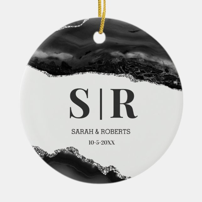 Décoration En Céramique Noir Géode Agate Couples Monogramme Noël (Devant)