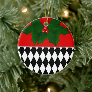 Décoration En Céramique Noir Rouge Blanc Arlequin Motif Noël