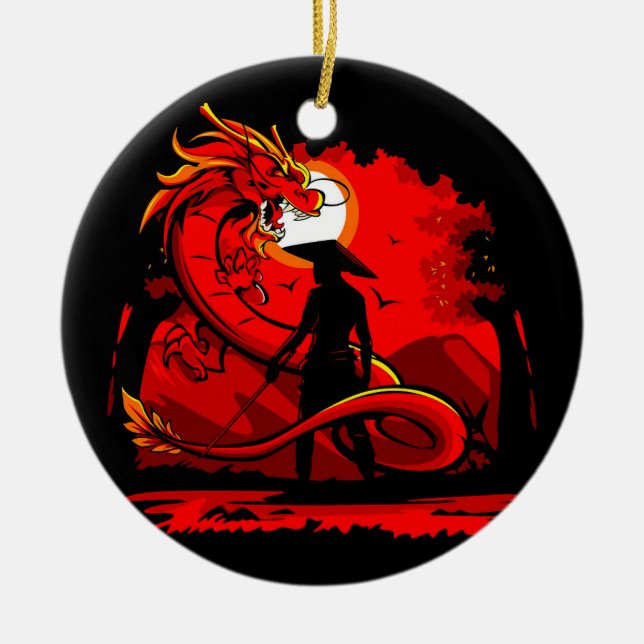 Décoration En Céramique Noir Samurai Dragon Rouge Style japonais | (Devant)