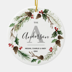 Décoration En Céramique Nom de la couronne de Noël personnalisée Famille
