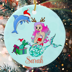 Décoration En Céramique Nom de sirène de Noël ouvrant des cadeaux