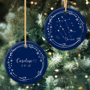 Décoration En Céramique Nom personnalisé de Noël Gemini Zodiac Blue Silver