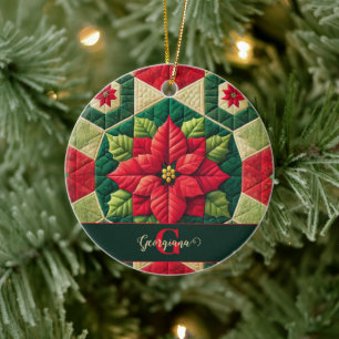 Décoration En Céramique Nom personnalisé Festif Floral Patchwork Poinsetti