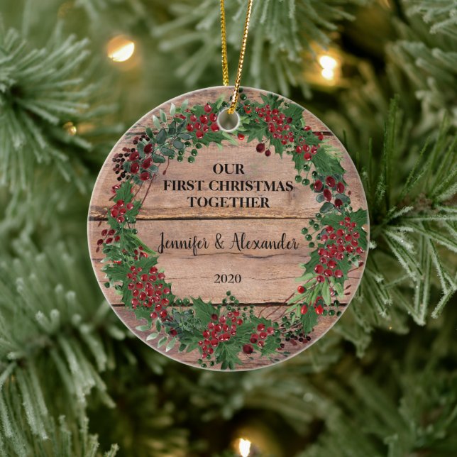 Décoration En Céramique Notre premier Noël ensemble baies de bois rustique (Arbre)