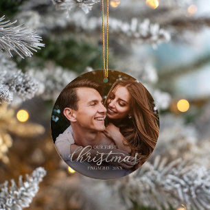 Décoration En Céramique Notre Premier Noël Fiancé Écriture Argenté Feuille