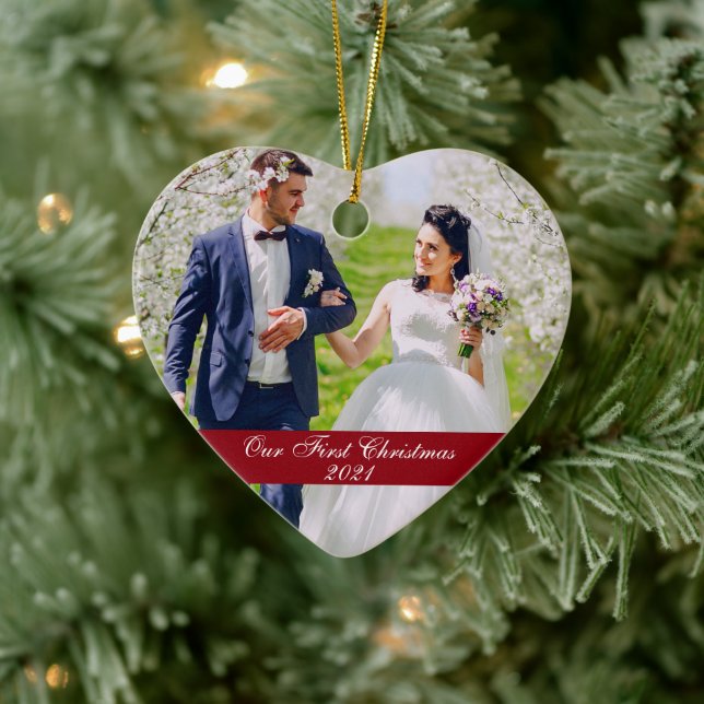 Décoration En Céramique Notre première photo de mariage de Noël en forme d (Arbre)