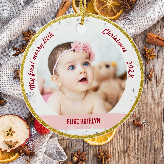 Décoration En Céramique Nouveau bébé 2 Photos Mon premier joyeux petit Noë (Modern Elegant Cute My First Merry Little Christmas Baby Girl 2 Photos Snowflakes Stars Golden Frame)