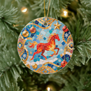 Décoration En Céramique Nouvel An 2026 Motif de Noël du Cheval Rouge Fiery