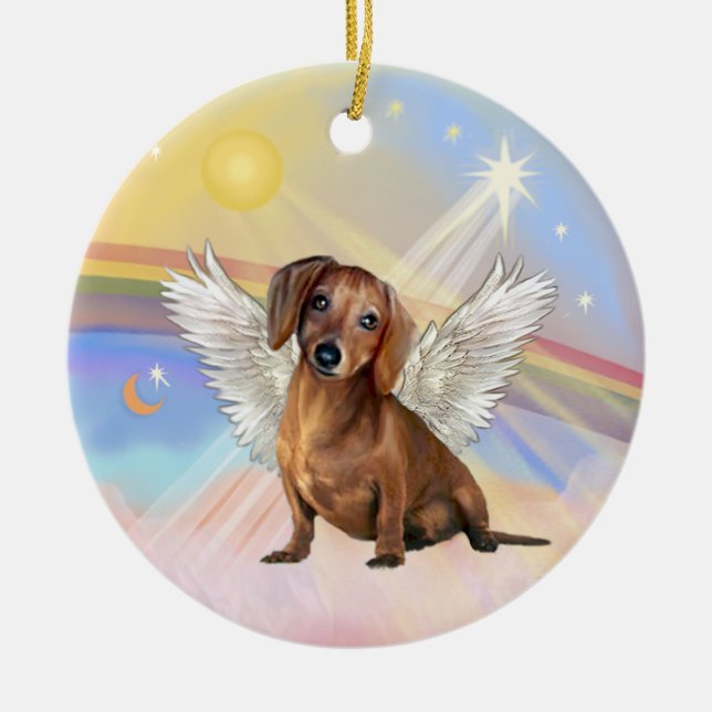 Décoration En Céramique Nuages - Ange Dachshund (marron / rouge) (Devant)