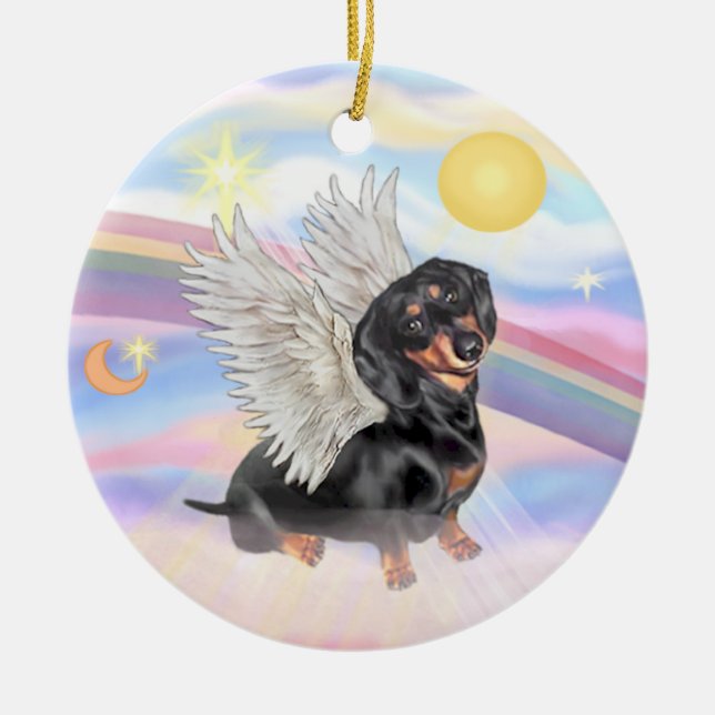 Décoration En Céramique Nuages - Ange Dachshund (noir/tan) (Devant)