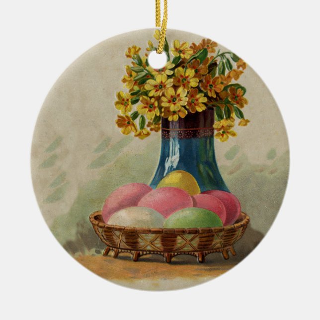 Décoration En Céramique Oeufs Pâques Panier Fleurs Antique (Devant)