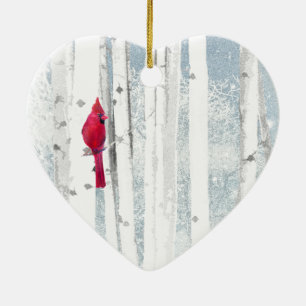 Décoration En Céramique Oiseau cardinal rouge dans un magnifique Birch Tre