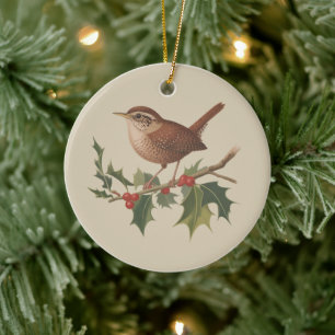 Décoration En Céramique Oiseau de fête Troglodyte sur branche de houx Noël