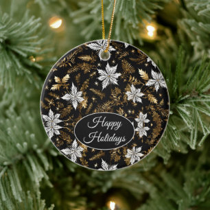 Décoration En Céramique Or, noir et blanc Poinsettia Joyeuses vacances