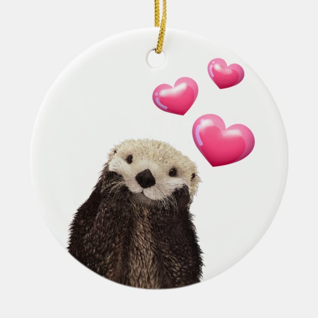 Décoration En Céramique Otter mignonne avec Coeurs d'Amour Rose (Devant)