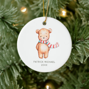 Décoration En Céramique Ours d'aquarelle 1er Noël du bébé personnalisé