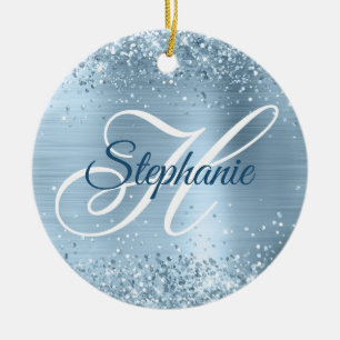 Décoration En Céramique Pailleté Bleu Clair Monogramme Fantaisie en Feuill