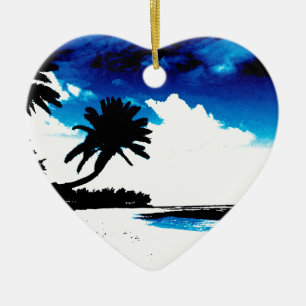 Décoration En Céramique Palmier blanc noir bleu Silhouette