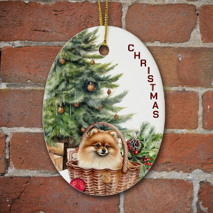 Décoration En Céramique Panier rouge en osier de chien de Poméranie Noël