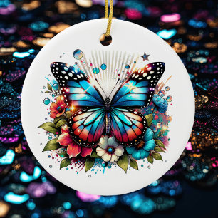 Décoration En Céramique Papillon bleu et fleurs Noël personnalisé