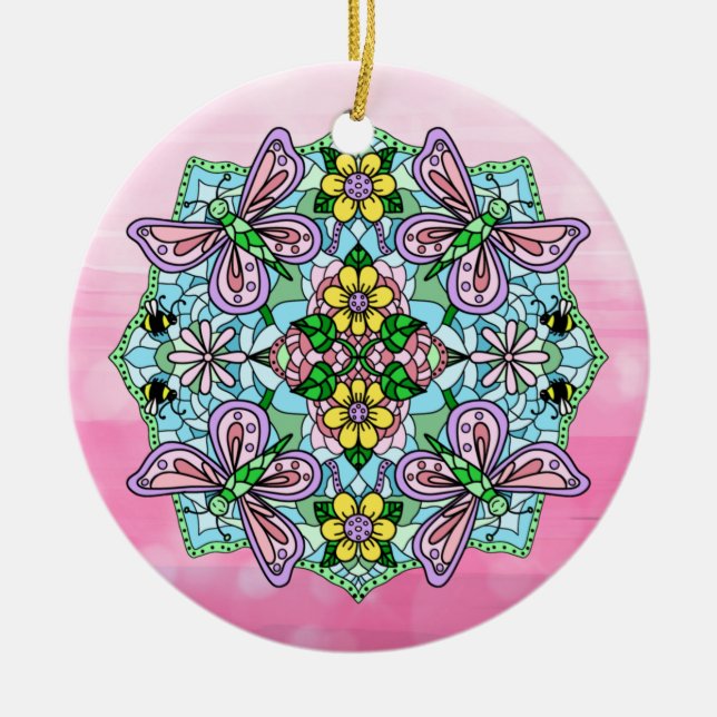 Décoration En Céramique Papillons roses Mandala Noël (Devant)