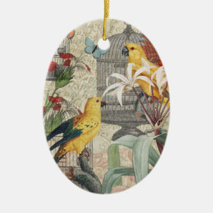 Décoration En Céramique Parrot Jaune Tropical Antique Fleur