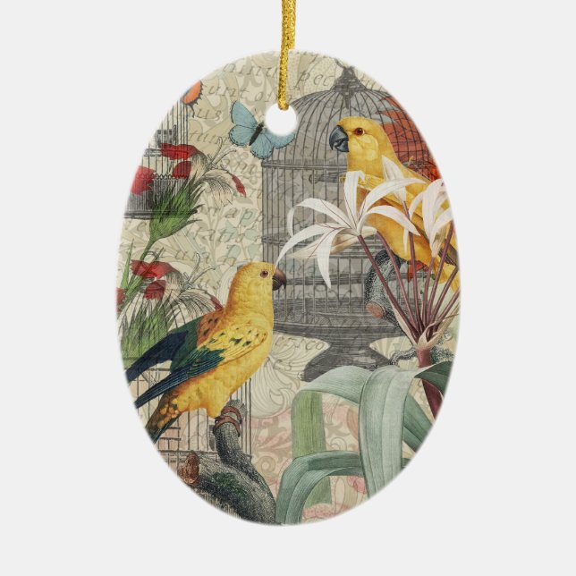 Décoration En Céramique Parrot Jaune Tropical Antique Fleur (Devant)