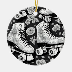 Décoration En Céramique Patins à rouleaux classiques, rose, noir et blanc