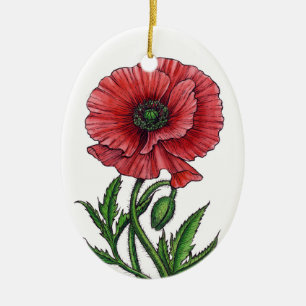 Décoration En Céramique Pavot rouge, aquarelle et encre