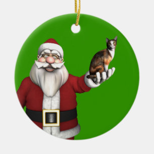 Décoration En Céramique Père Noël Avec Chat Calico