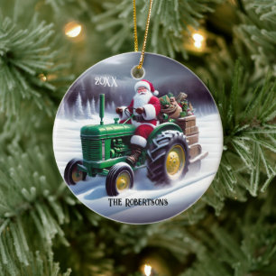 Décoration En Céramique Père Noël conduisant un tracteur vert