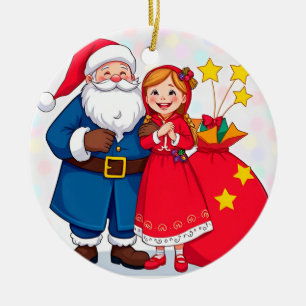Décoration En Céramique Père Noël et fille avec un sac de cadeaux